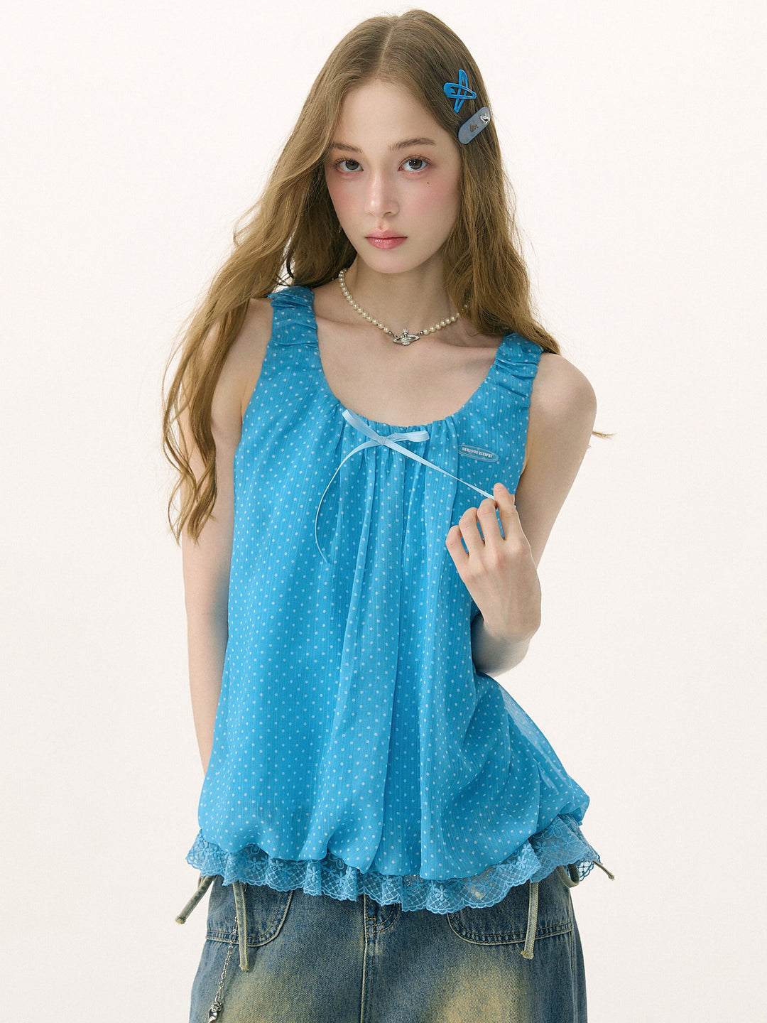 Blue Polka Dot Lace Tank Top