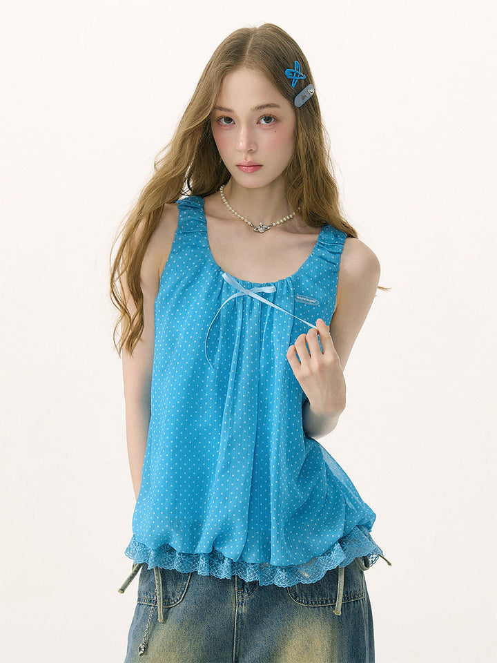Blue Polka Dot Lace Tank Top