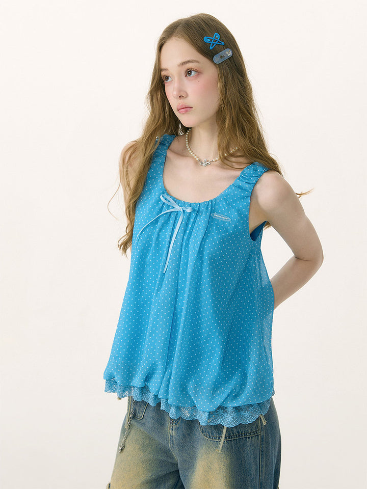 Blue Polka Dot Lace Tank Top