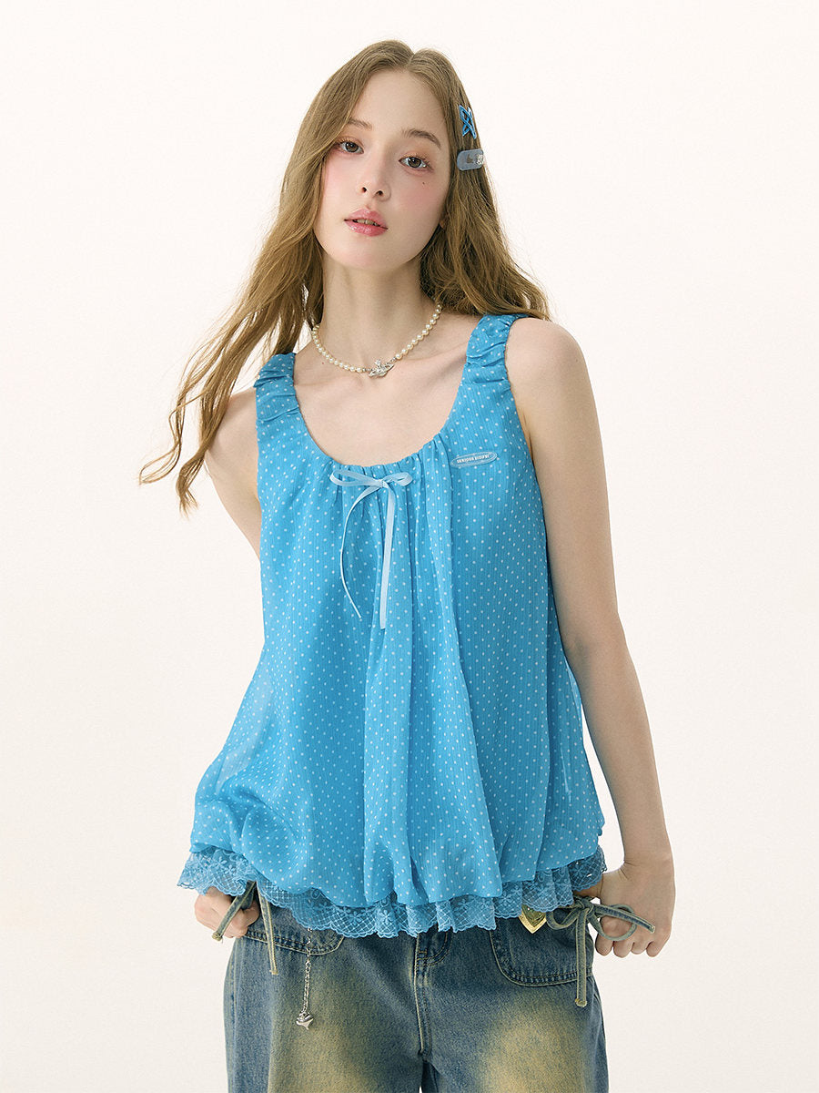 Blue Polka Dot Lace Tank Top