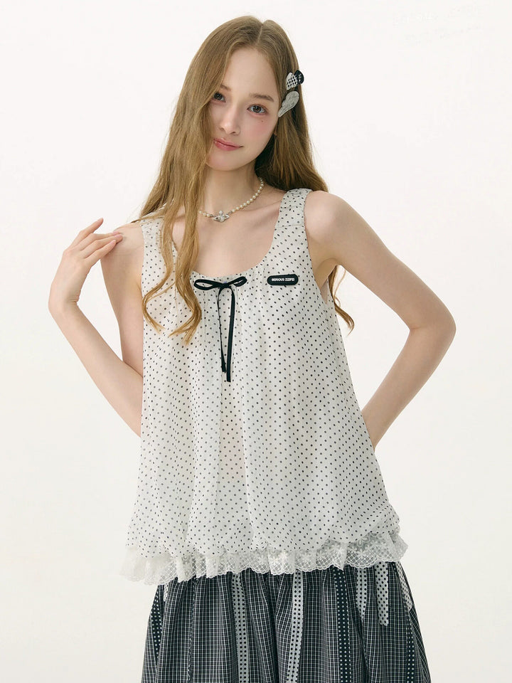 Polka Dot Lace-Hem Tank Top
