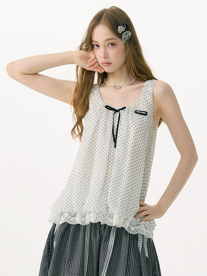 Polka Dot Lace-Hem Tank Top