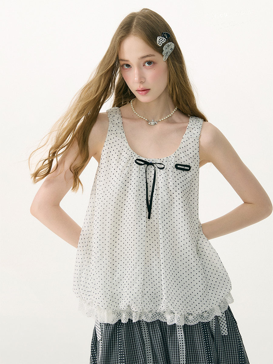 Polka Dot Lace-Hem Tank Top