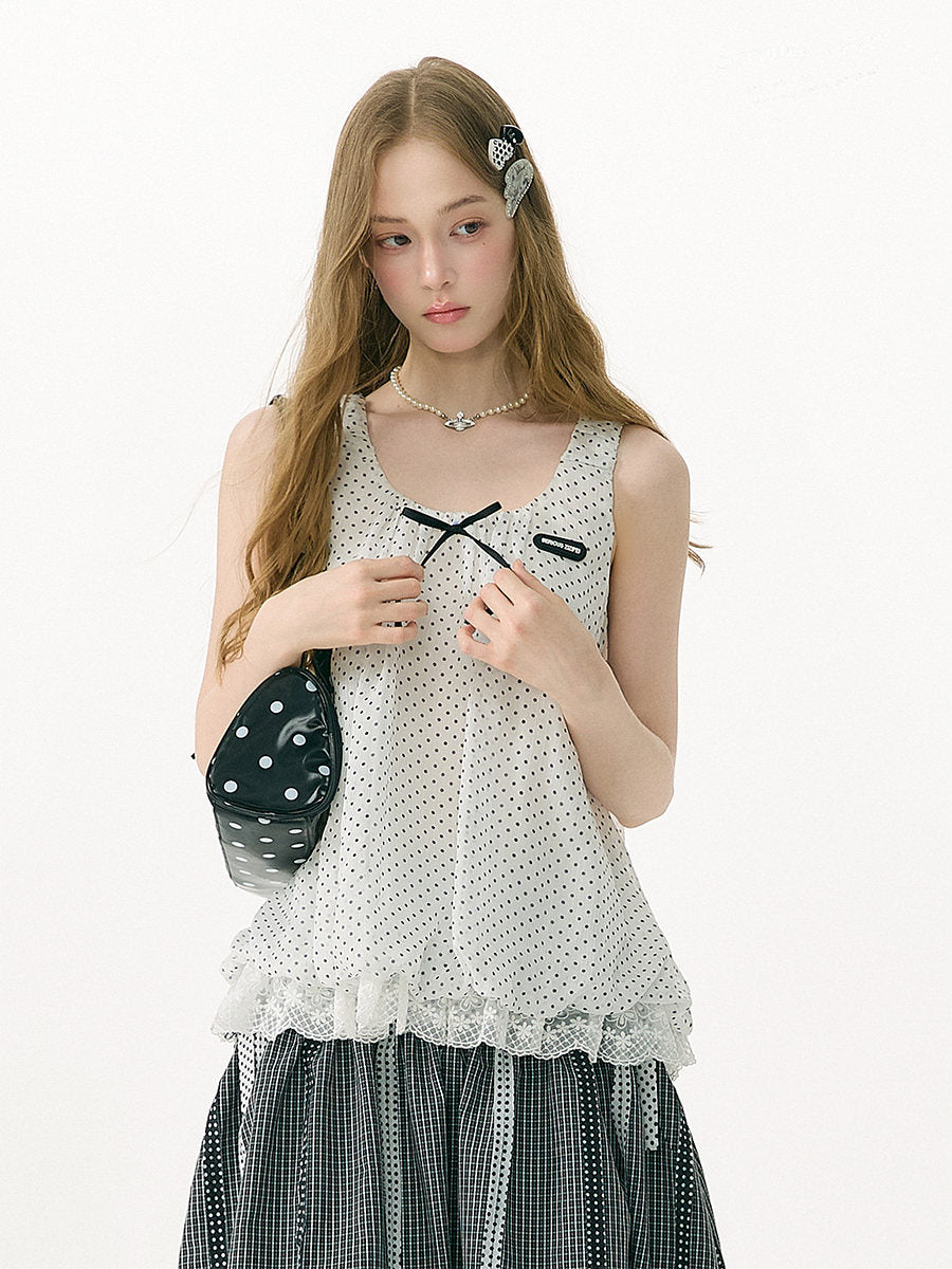 Polka Dot Lace-Hem Tank Top