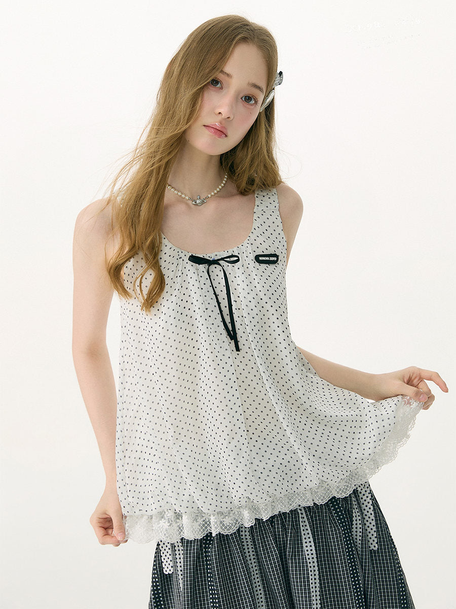 Polka Dot Lace-Hem Tank Top