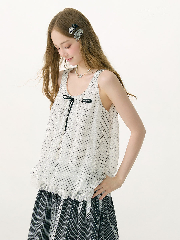 Polka Dot Lace-Hem Tank Top