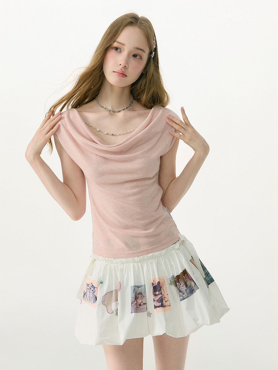 Pink Chain-Detail Cowl Neck Top