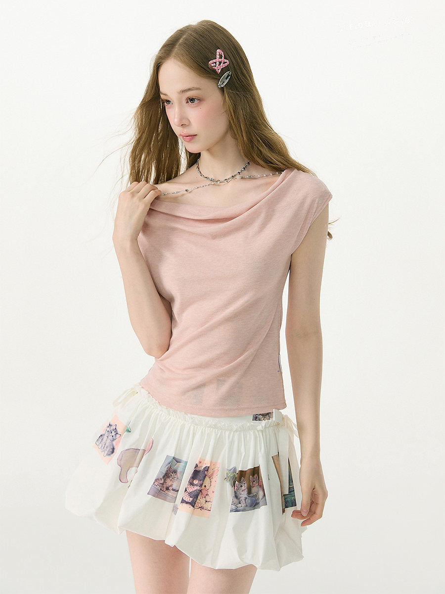Pink Chain-Detail Cowl Neck Top