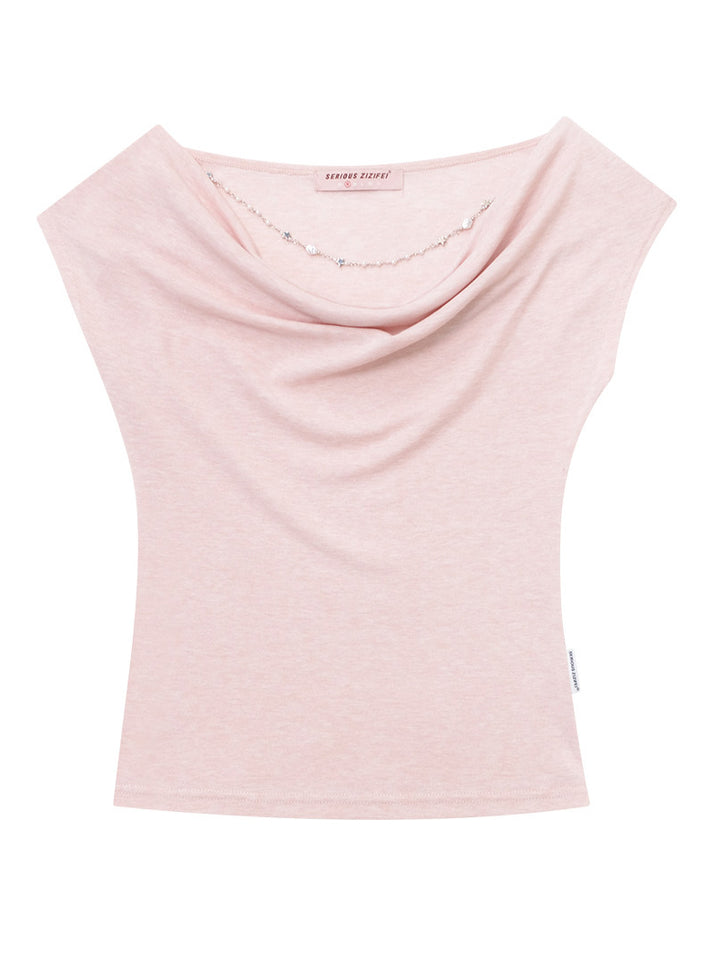 Pink Chain-Detail Cowl Neck Top