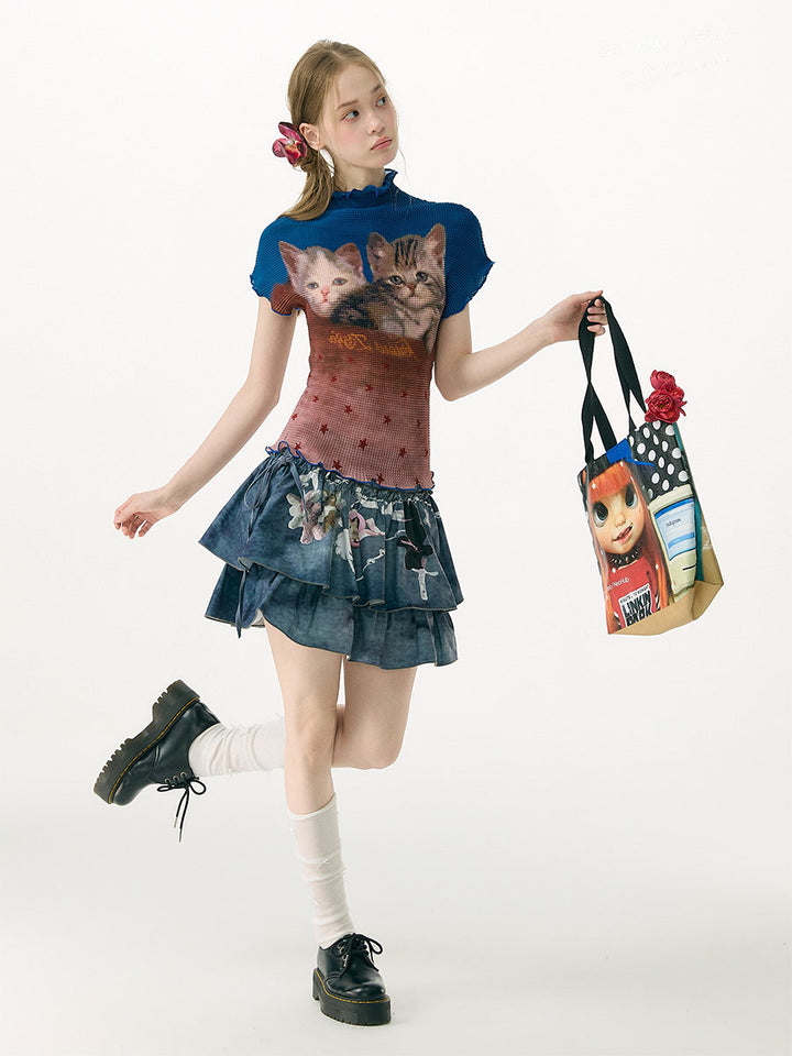 Pleated Cat Graphic T-Shirt