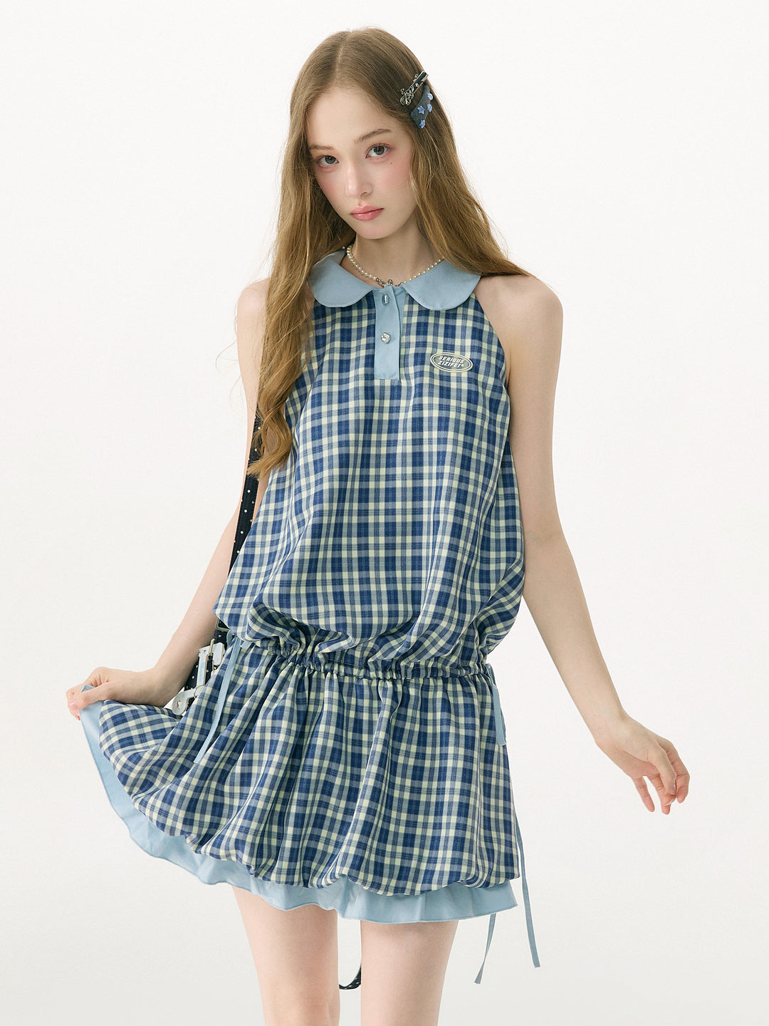 Blue Plaid Bubble-Hem Mini Dress