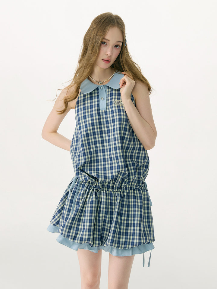 Blue Plaid Bubble-Hem Mini Dress