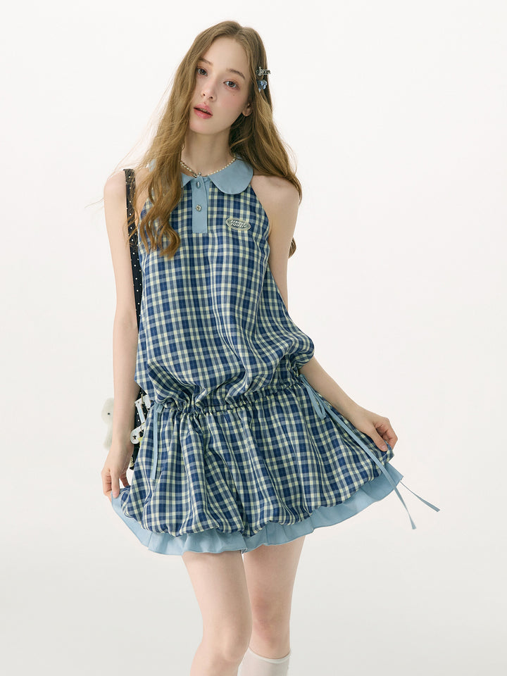 Blue Plaid Bubble-Hem Mini Dress