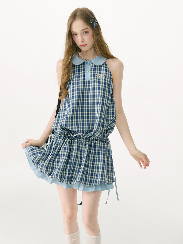 Blue Plaid Bubble-Hem Mini Dress