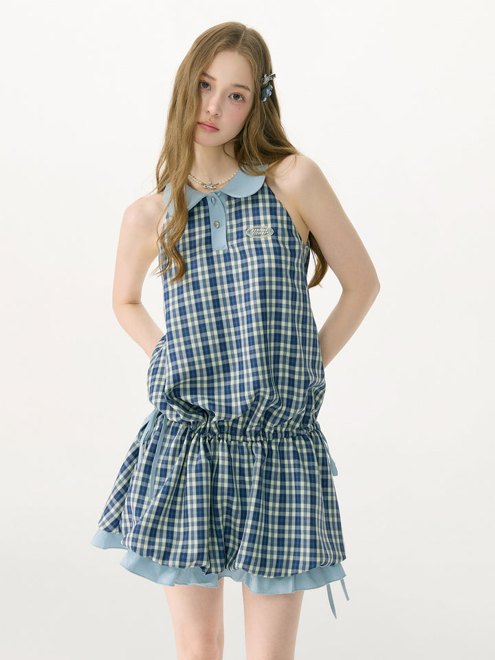 Blue Plaid Bubble-Hem Mini Dress