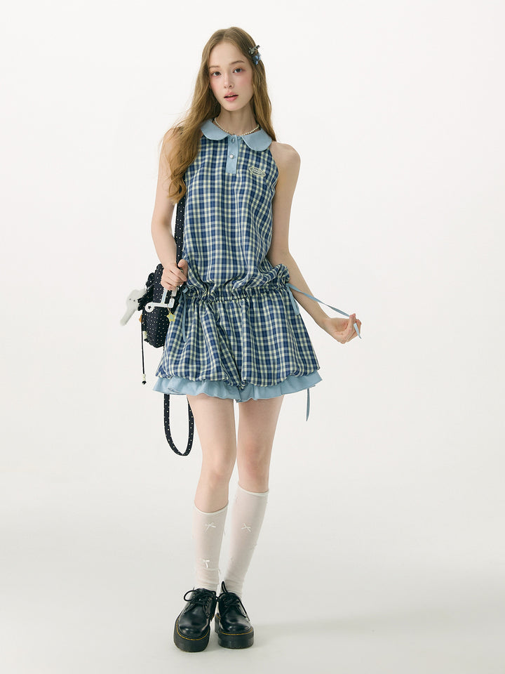 Blue Plaid Bubble-Hem Mini Dress