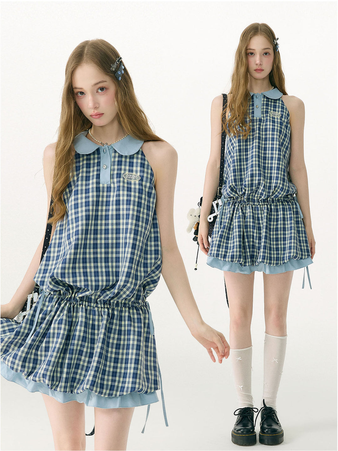 Blue Plaid Bubble-Hem Mini Dress
