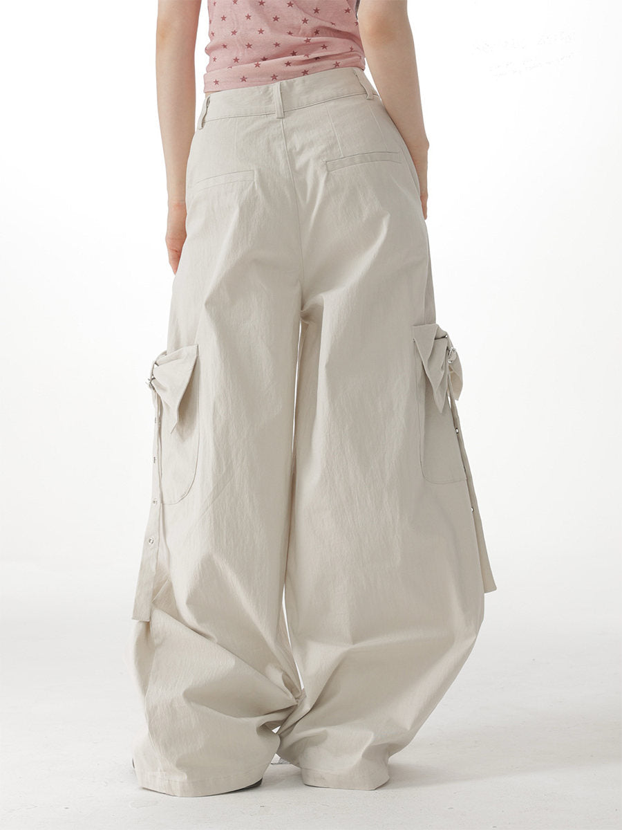 Apricot Bow Pocket Wide Leg Cargo Pants
