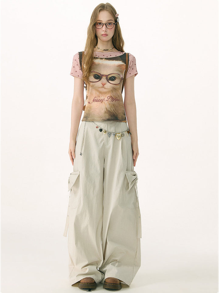 Apricot Bow Pocket Wide Leg Cargo Pants