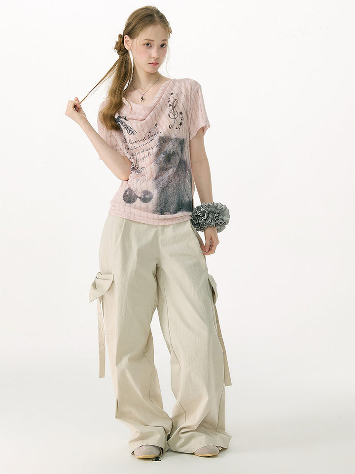 Apricot Bow Pocket Wide Leg Cargo Pants