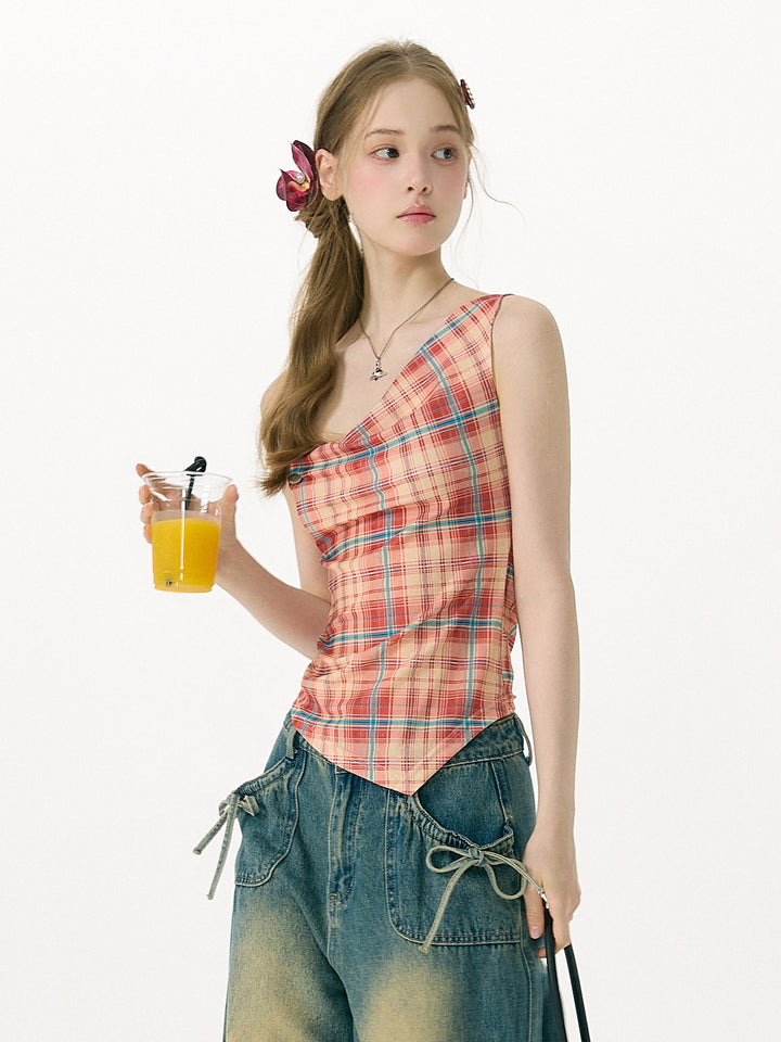 Plaid Asymmetric Cowl Neck Tank Top