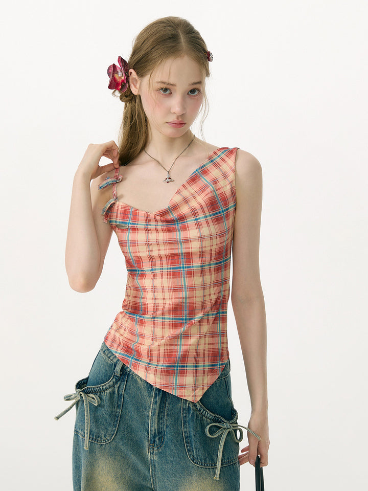 Plaid Asymmetric Cowl Neck Tank Top