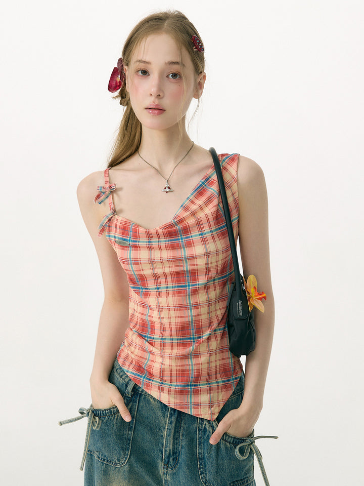Plaid Asymmetric Cowl Neck Tank Top