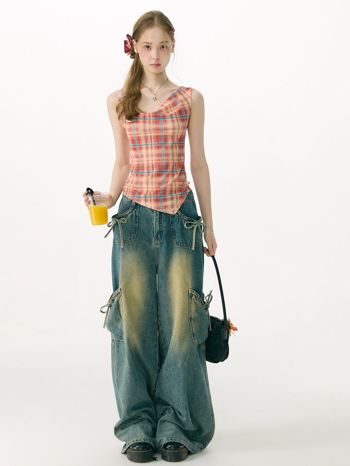 Plaid Asymmetric Cowl Neck Tank Top