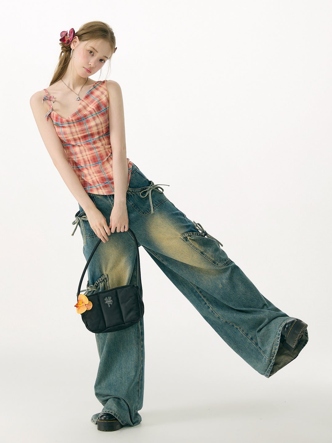 Plaid Asymmetric Cowl Neck Tank Top