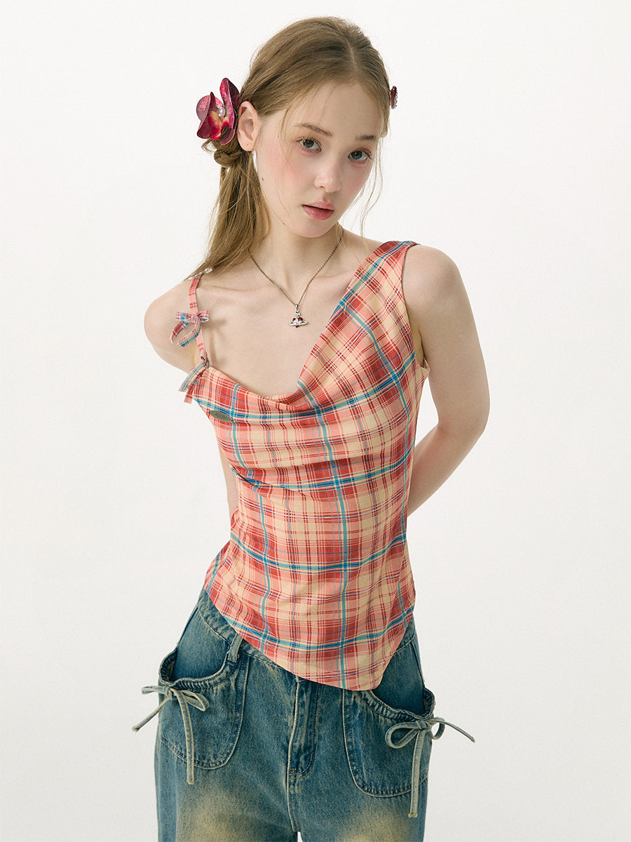 Plaid Asymmetric Cowl Neck Tank Top