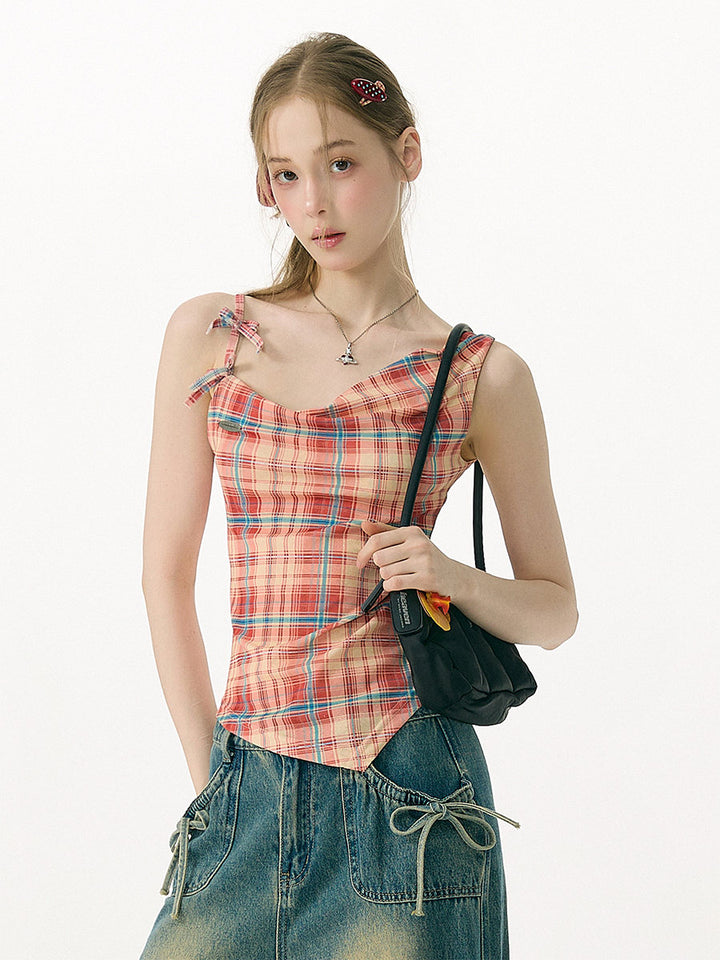 Plaid Asymmetric Cowl Neck Tank Top