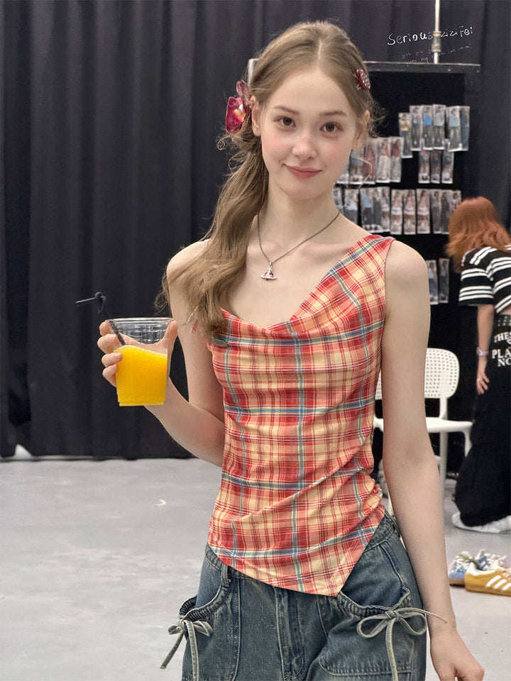 Plaid Asymmetric Cowl Neck Tank Top