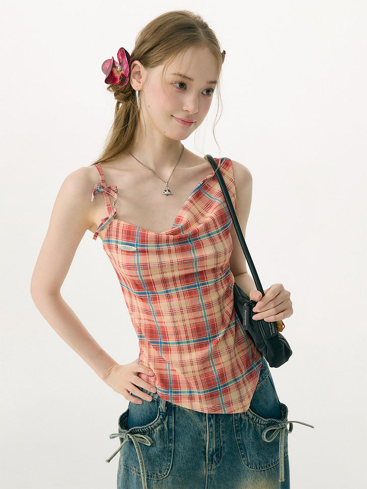 Plaid Asymmetric Cowl Neck Tank Top