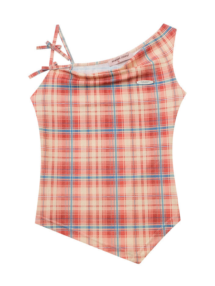 Plaid Asymmetric Cowl Neck Tank Top