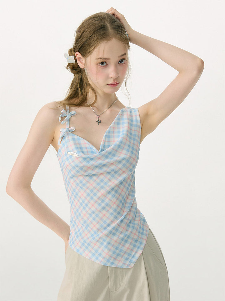 Blue Plaid Double Bow Cowl Neck Tank Top