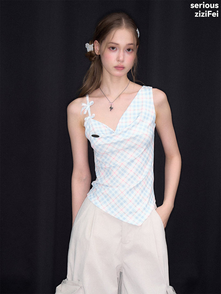 Blue Plaid Double Bow Cowl Neck Tank Top