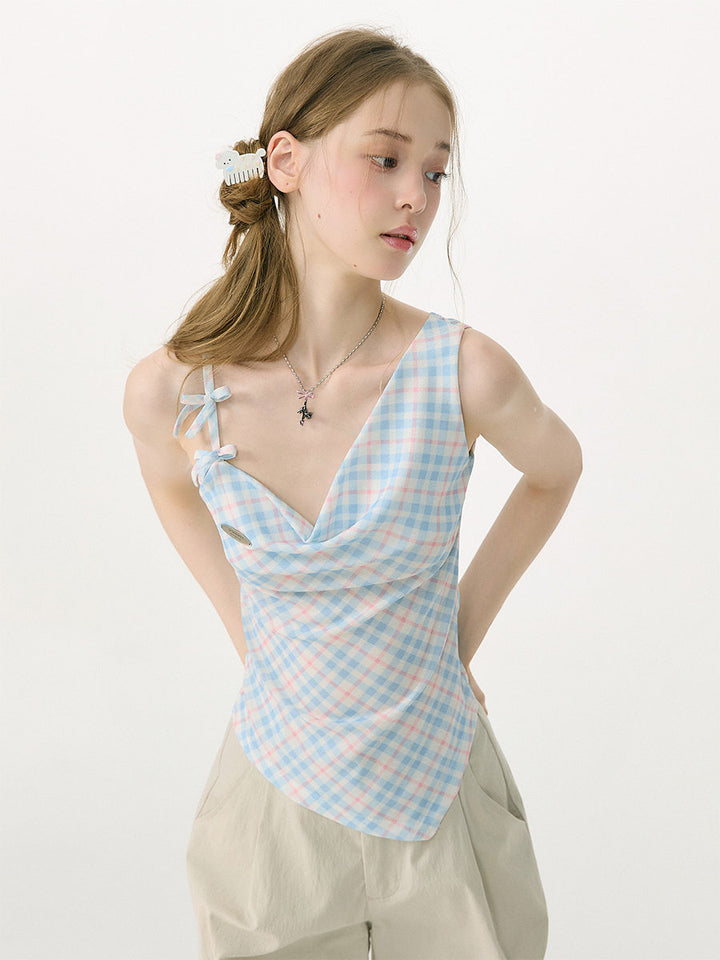 Blue Plaid Double Bow Cowl Neck Tank Top