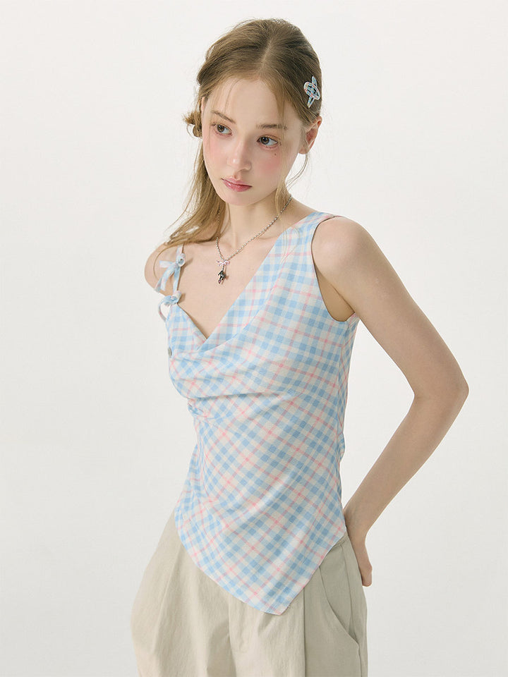 Blue Plaid Double Bow Cowl Neck Tank Top