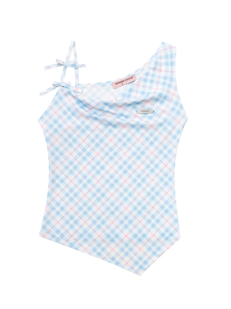 Blue Plaid Double Bow Cowl Neck Tank Top