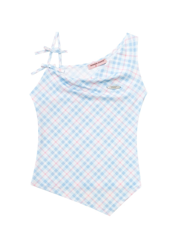 Blue Plaid Double Bow Cowl Neck Tank Top