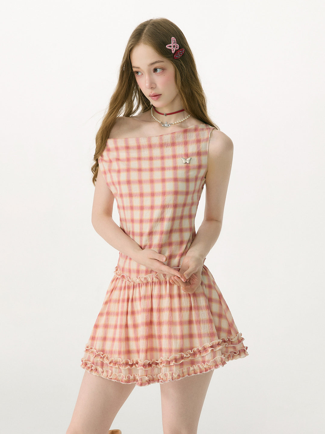 Pink Plaid Cowl Neck Mini Dress