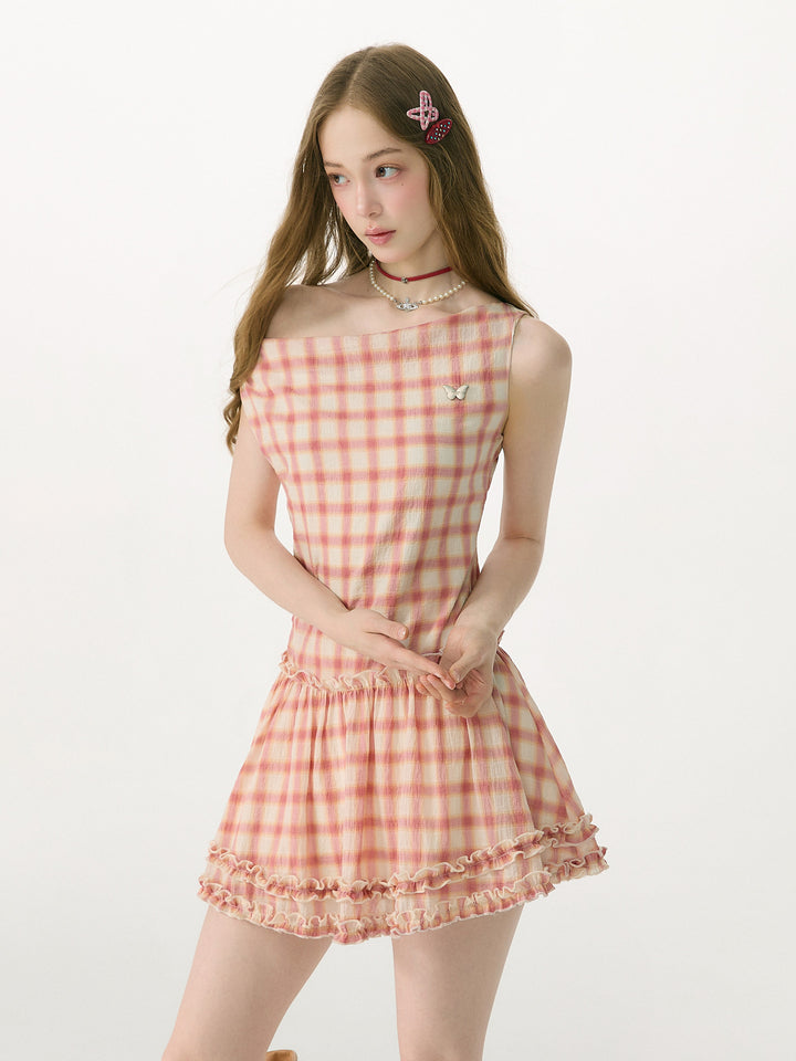 Pink Plaid Cowl Neck Mini Dress