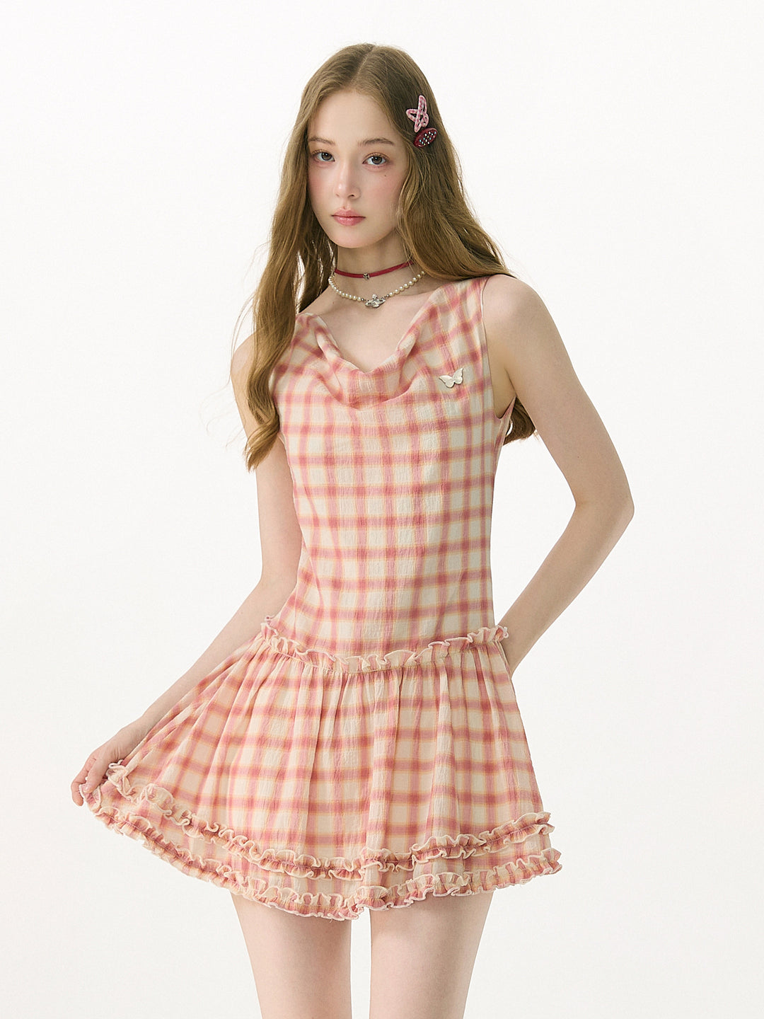 Pink Plaid Cowl Neck Mini Dress