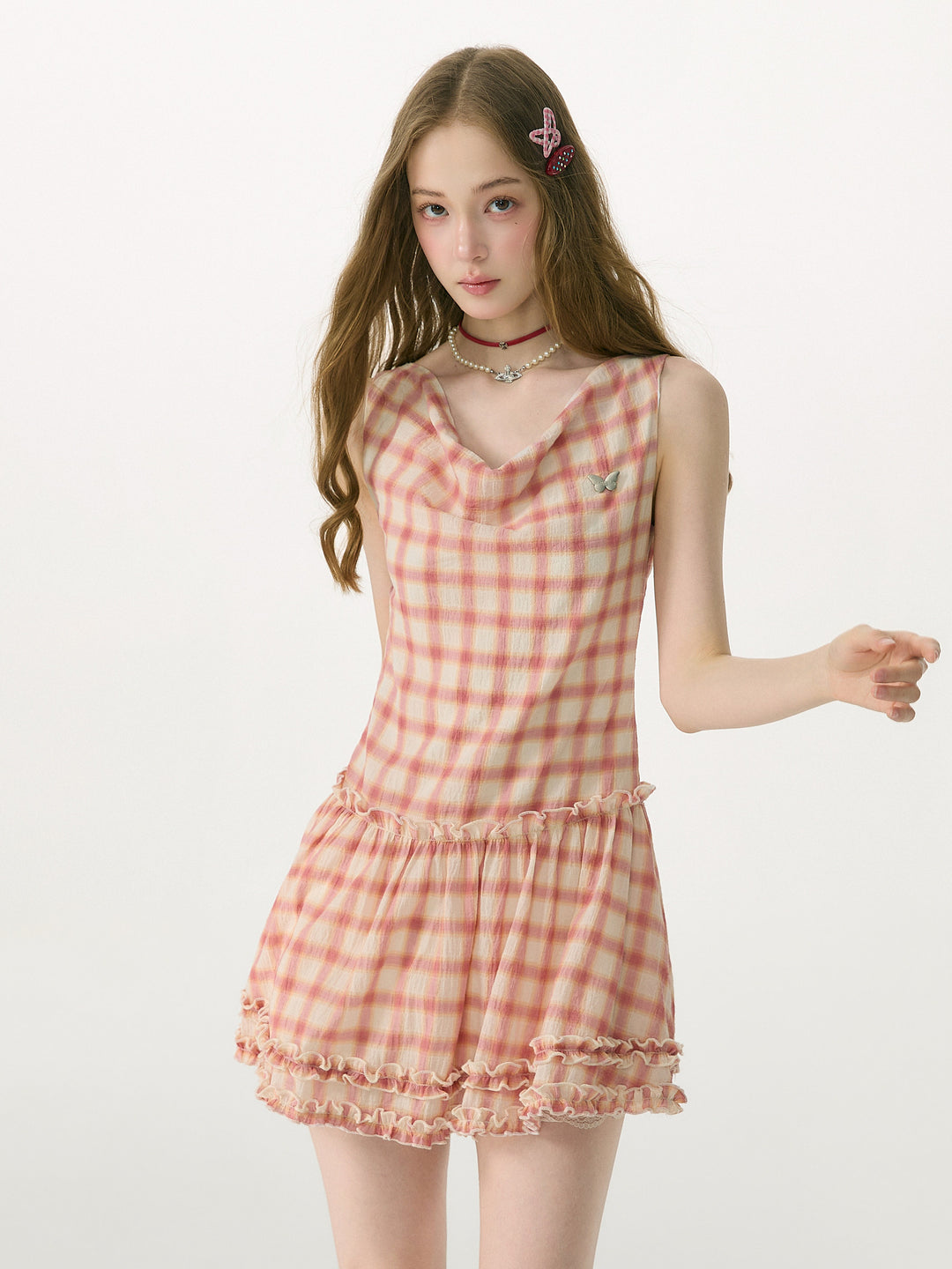 Pink Plaid Cowl Neck Mini Dress