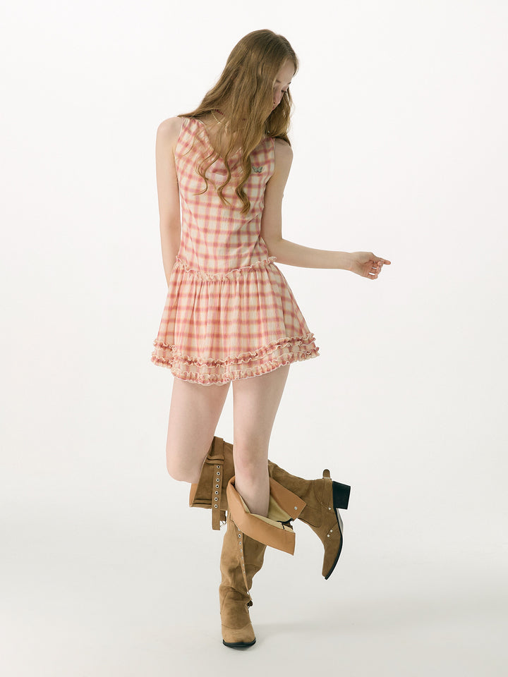 Pink Plaid Cowl Neck Mini Dress