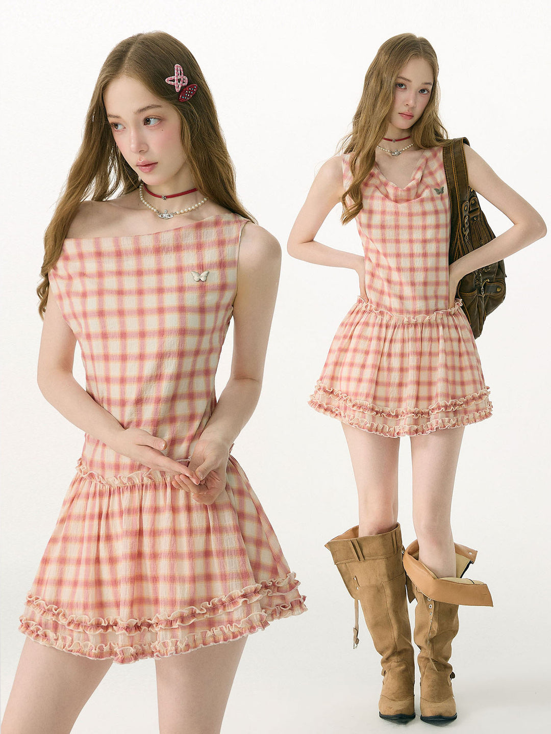 Pink Plaid Cowl Neck Mini Dress