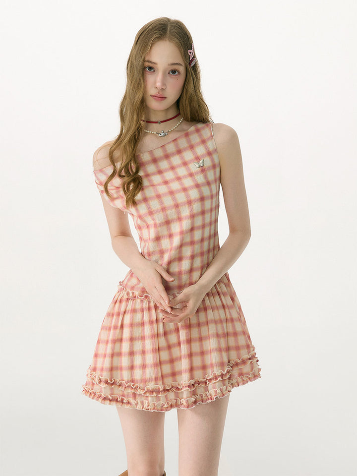 Pink Plaid Cowl Neck Mini Dress