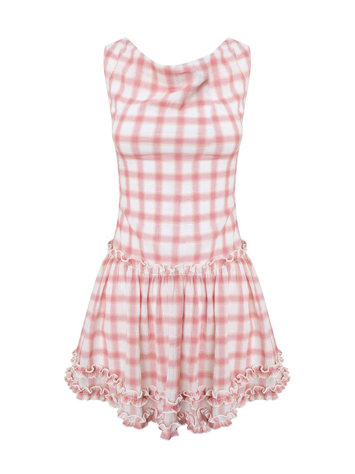 Pink Plaid Cowl Neck Mini Dress