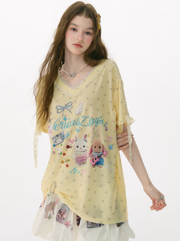 Bunny Graphic Lace-Trim T-Shirt
