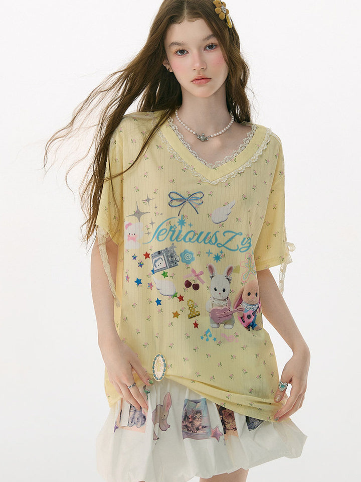 Bunny Graphic Lace-Trim T-Shirt